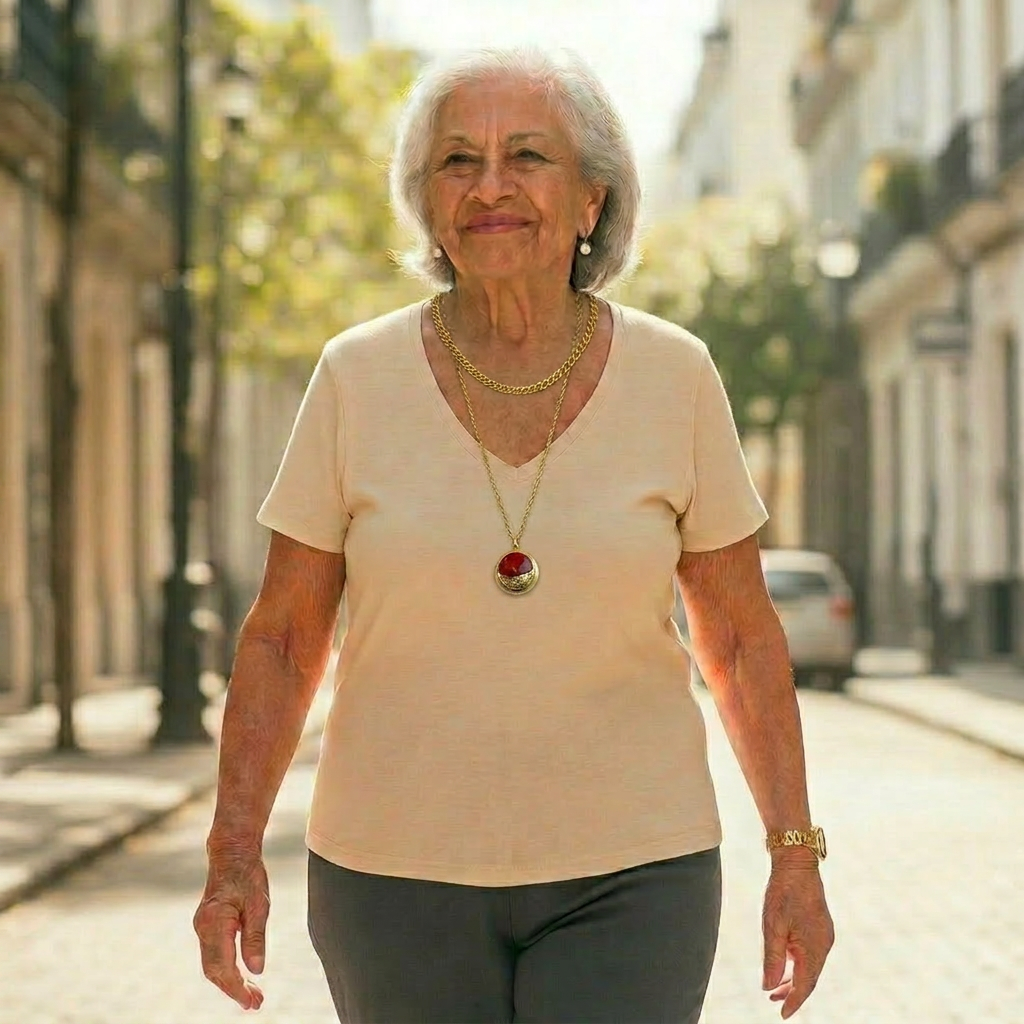Adulta mayor caminando por la calle, activa y sonriente